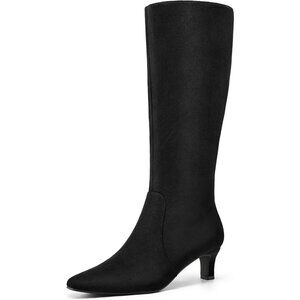 Women's black Mysoft Knee High Kitten Heel Square Toe Tall Side Zipper Long Boot